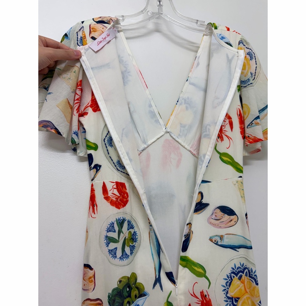Lisa Says Gah Grace Food Print Midi Dress Tapas Ivory Lemon Olive Fruit XS - Picture 15 of 16